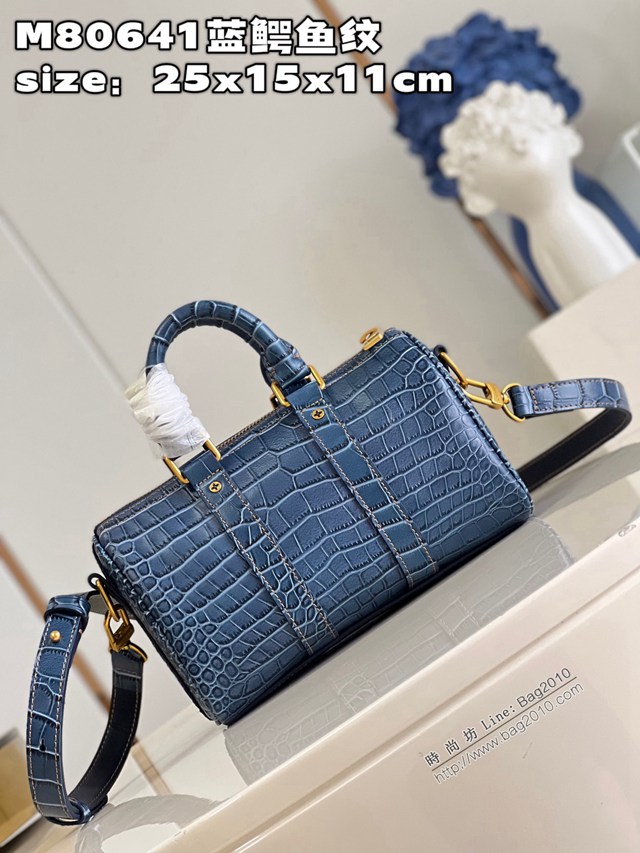 LV專櫃2023新款Keepall系列迷你版手提包 M80641藍鱷魚紋 路易威登男士手袋 dn1449